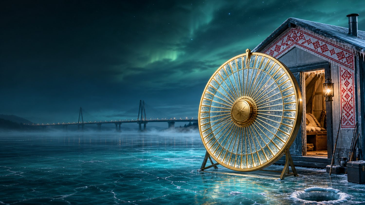 Ice Fishing Game Assam guide with frozen wheel and Brahmaputra bridge